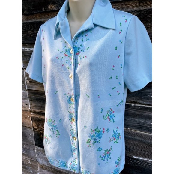 Vintage MOD 1970s Smartique Hippy BlueFloral Ladies Shirt - Picture 6 of 12
